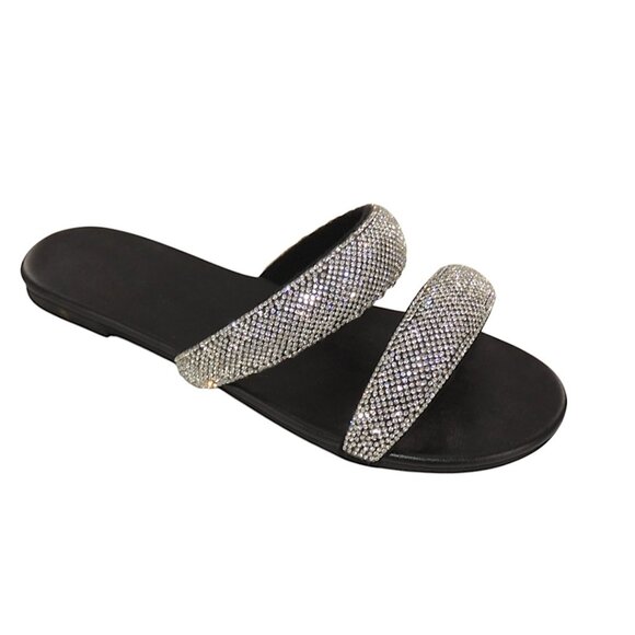 Rhinestone Double Strap Black Slide Spa Pool Sandals Blingcore Y2K Glam EU 38 - Picture 1 of 11